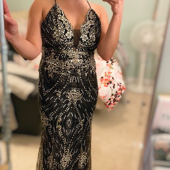 Black Prom/Formal Dress with Gold and Silver/White Detail - Picture 2 of 7